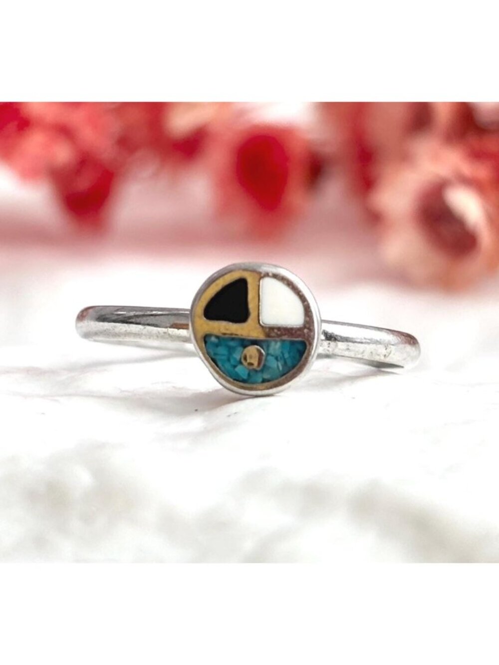 Turquoise Chip Inlay Zuni Inspired Sterling Silver 925 Vintage Ring - sz 5
